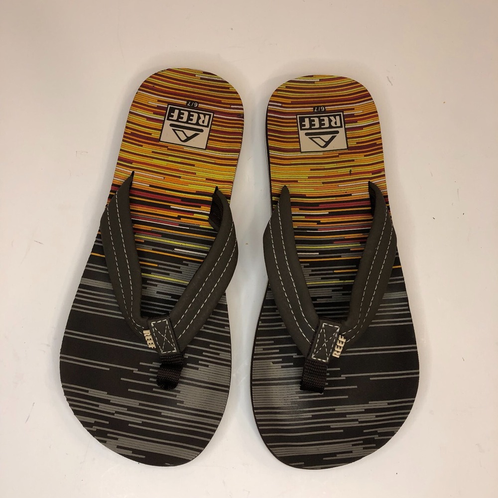 Reef Boys 6/7  Flip Flops Sandals Boys Little Ahi Stripe Yellow Red Orange Black